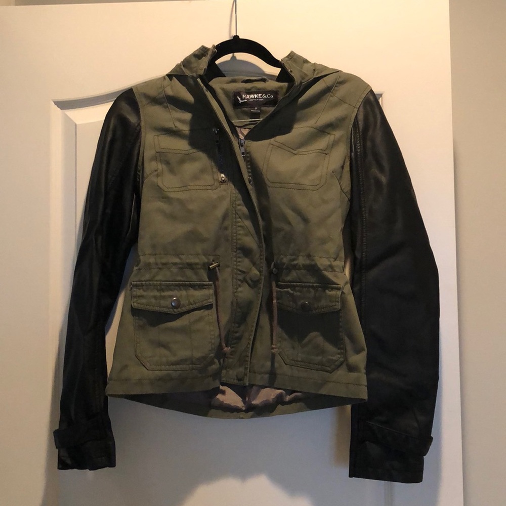 Green jacket with faux leather sleeves